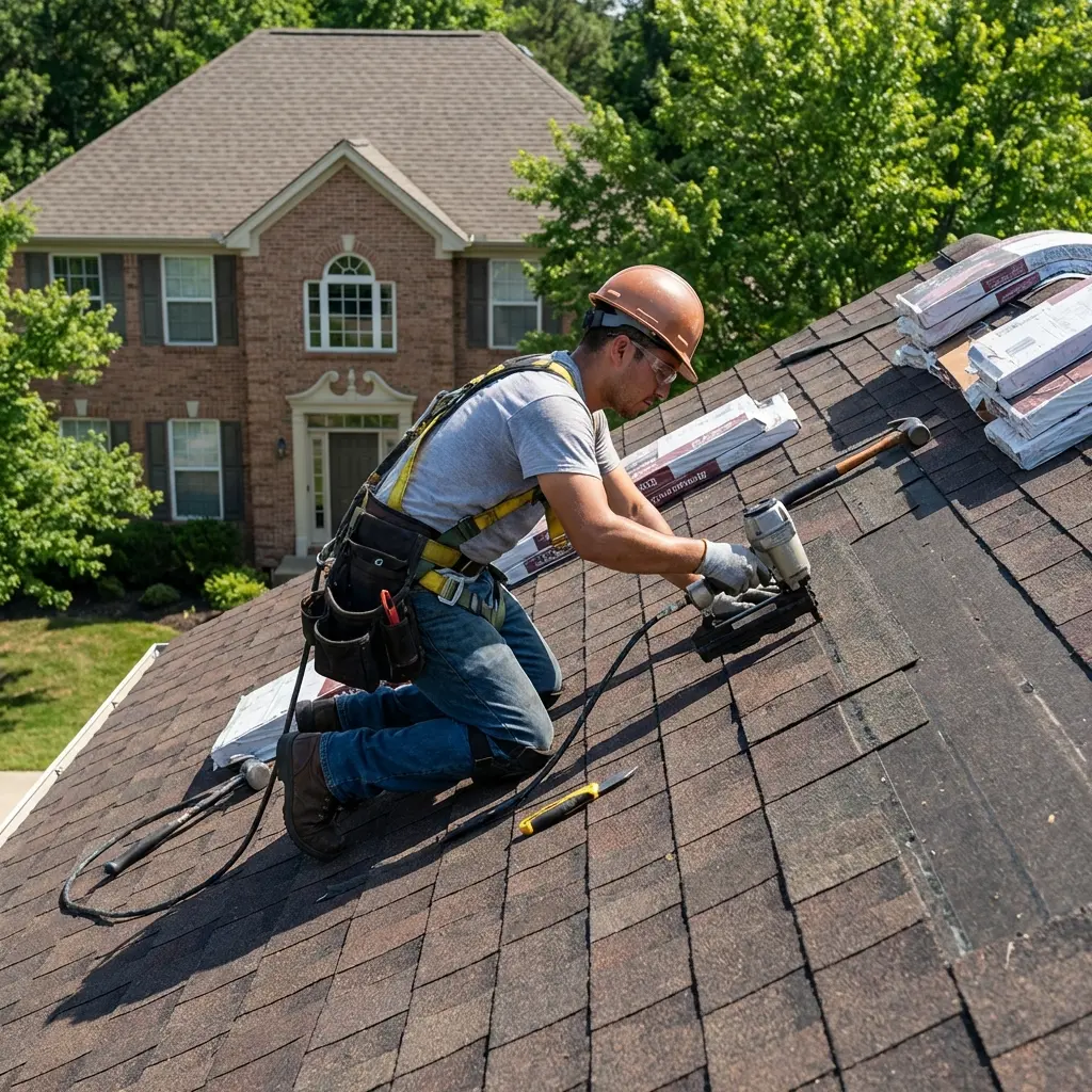 Professional roofing contractor on residential roof